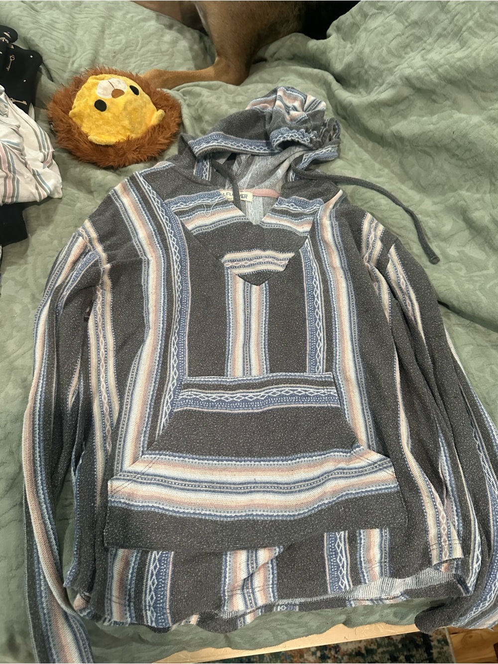 Wallflower Striped Hooded Zip-Up Sweater in Gray, Blue & Cream